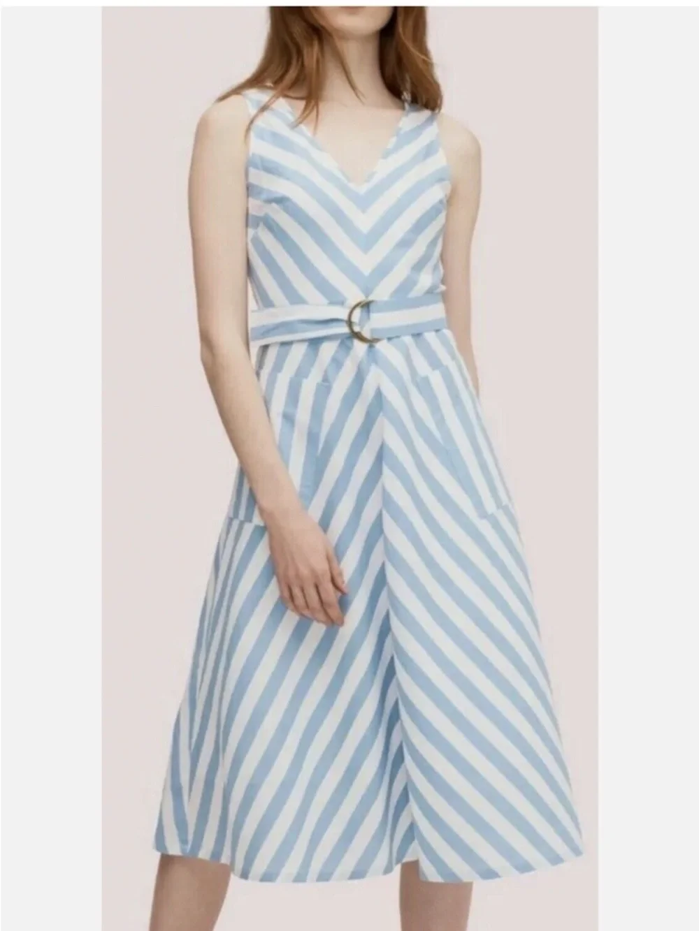 Kate spade Blue & White Striped linnen blend Sleeveless belt lined Dress size 4